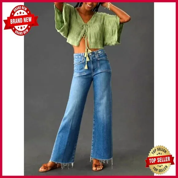 Women's High Waist Wide Leg Stretch Jeans Straight Fit Casual Pants